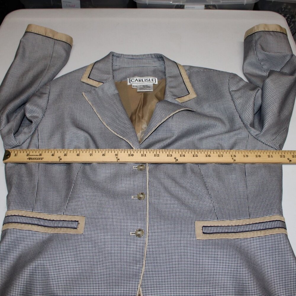 Carlisle Sz 16 Navy Blue White Brown Faux Pockets Lined Silk Wool Cotton Jacket - Picture 11 of 12
